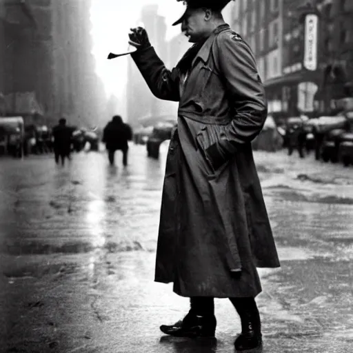 Prompt: a crocodile wearing a trench coat in new york city 1942, black and white