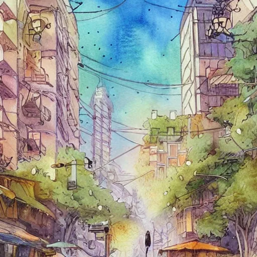 Image similar to Beautiful happy picturesque charming sci-fi city in harmony with nature. Beautiful light. Nice colour scheme, soft warm colour. Beautiful detailed watercolor by Lurid. (2022)
