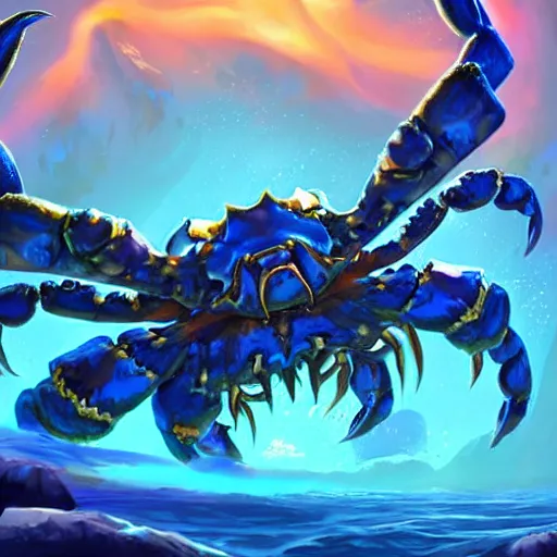 Prompt: blue giant (((((((crab monster)))))))) with giant crab claws, giant crab claws fantasy digital art, magical background in the style of hearthstone artwork