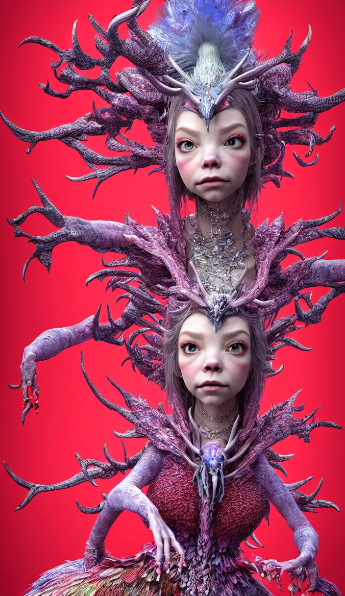 Prompt: hyper detailed 3d render like a Oil painting - kawaii full body portrait Aurora (a beautiful skeksis queen from dark crystal that looks like Anya Taylor-Joy with hooves and antlers) seen red carpet photoshoot in UVIVF posing in scaly dress to Eat of the Strangling network of yellowcake aerochrome and milky Fruit and His delicate Hands hold of gossamer polyp blossoms bring iridescent fungal flowers whose spores black the foolish stars by Jacek Yerka, Ilya Kuvshinov, Mariusz Lewandowski, Houdini algorithmic generative render, Abstract brush strokes, Masterpiece, Edward Hopper and James Gilleard, Zdzislaw Beksinski, Mark Ryden, Wolfgang Lettl, hints of Yayoi Kasuma, octane render, 8k