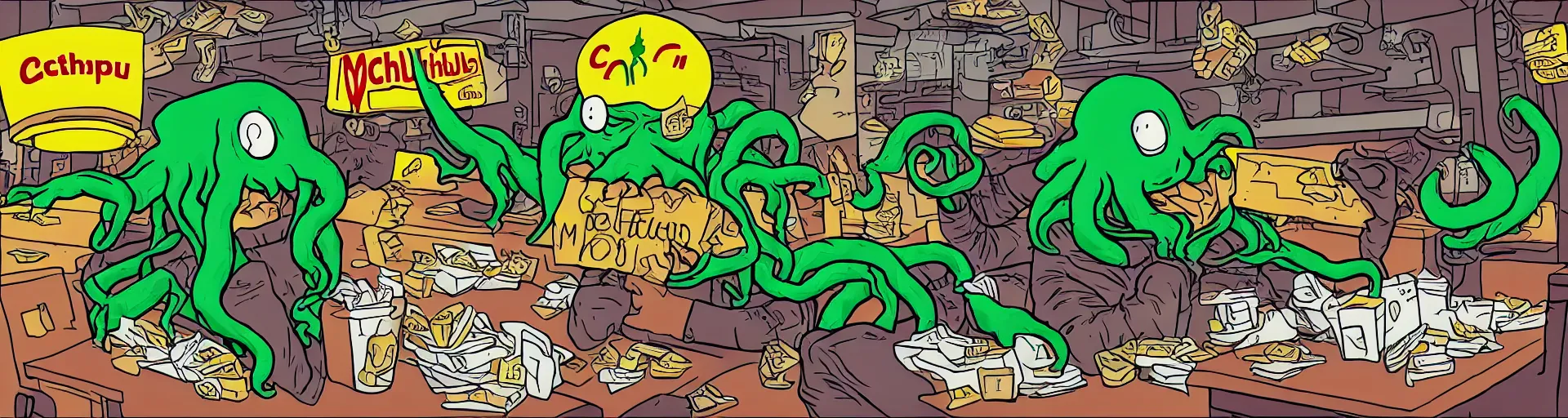 Image similar to Cthulhu working at McDonalds because he lost all of his money leverage trading bitcoin, mike judge art style, 90s mtv illustration