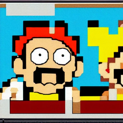 Prompt: Rick and Morty as characters in SNES Super Mario Bros, pixelated, 8bit, jumping