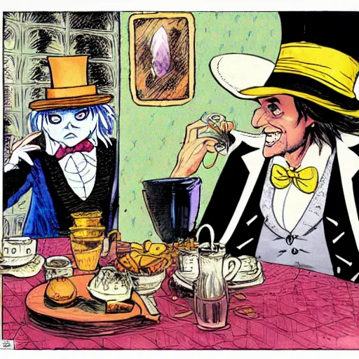 Image similar to The Mad hatter is on a date with Alice, Milo Manara style