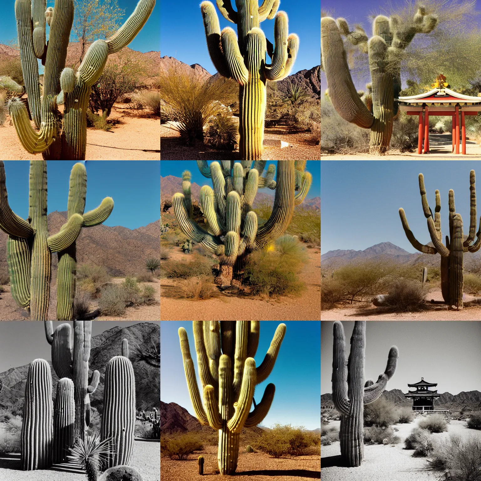 Prompt: a large shinto shrine in the desert, a single aesthetically pleasing saguaro cactus at the entrance, late morning, kodak gold 200, film grain, perspective correction, focus stacking