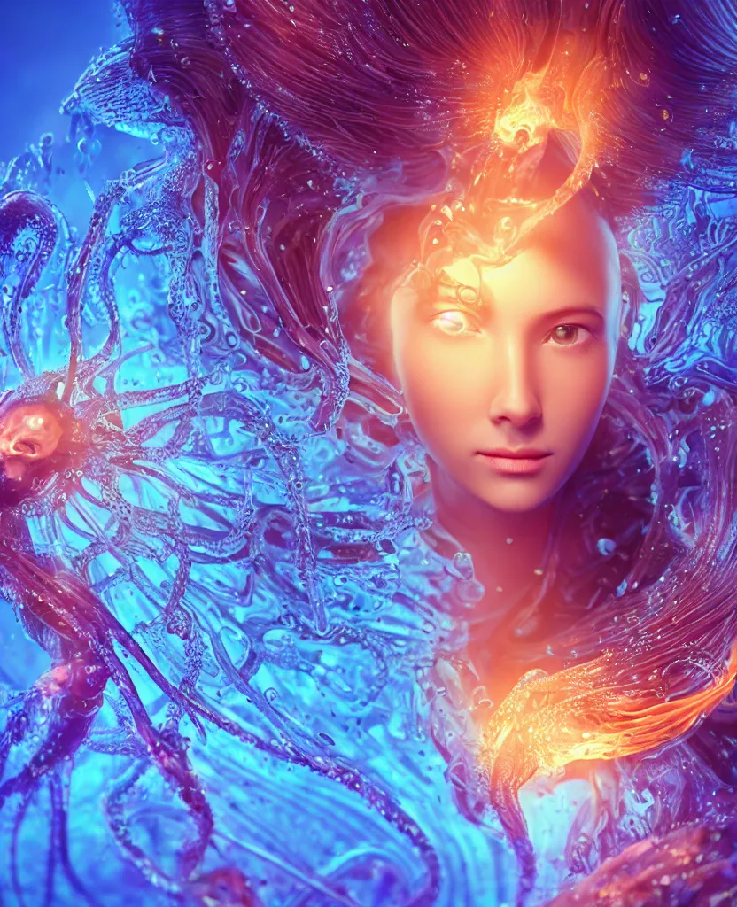 Image similar to close-up macro portrait of the face of a beautiful princess, epic angle and pose, symmetrical artwork, 3d with depth of field, blurred background, cybernetic jellyfish female face skull phoenix bird, translucent, nautilus, energy flows of water and fire. a highly detailed epic cinematic concept art CG render. made in Maya, Blender and Photoshop, octane render, excellent composition, cinematic dystopian brutalist atmosphere, dynamic dramatic cinematic lighting, aesthetic, very inspirational, arthouse. y Greg Rutkowski, Ilya Kuvshinov, WLOP, Stanley Artgerm Lau, Ruan Jia and Fenghua Zhong