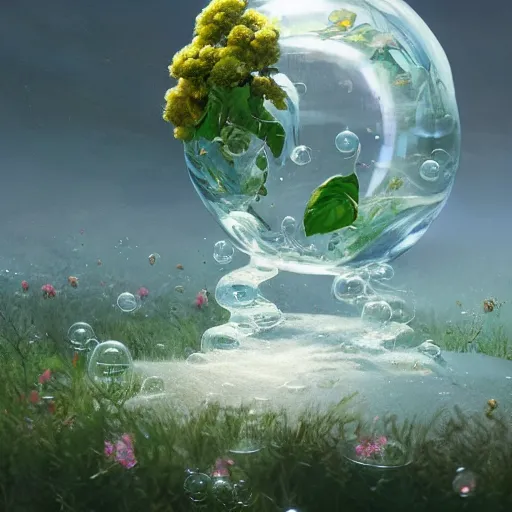 Image similar to Concept art, Jasmine flowers in shiny bubbles, 8k, james gurney, greg rutkowski, john howe, artstation