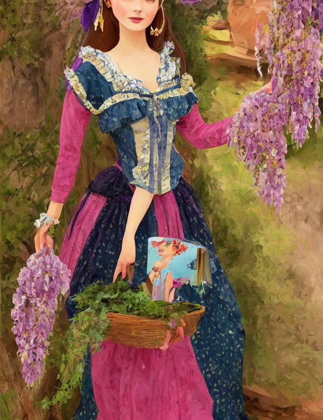 Prompt: middle eastern queen of the wisteria springs, wearing a lolita dress. this heavily stylized oil painting by an indie children's book illustrator has an interesting color scheme, plenty of details and impeccable lighting.