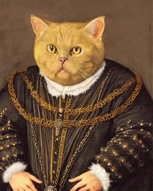 Image similar to fat gray cat with yellow eyes dressed like henry viii, tudor period menswear, hans holbein the younger, greg rutkowski, royal portrait, painting