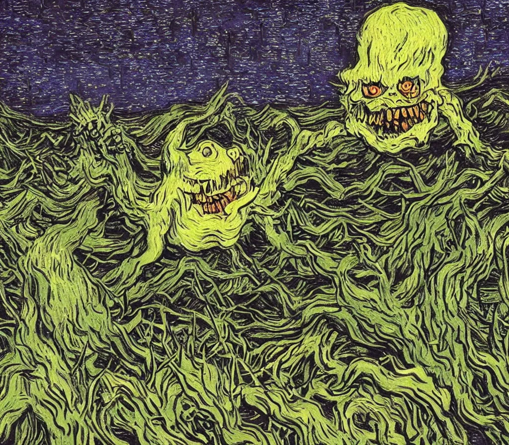 Image similar to a terrifying stawbery monster with sharp teeth in a glowing swamp in the style of van gogh, heavenly, pastel, cute, dark, scary, eerie, trending on artstation, digital art.