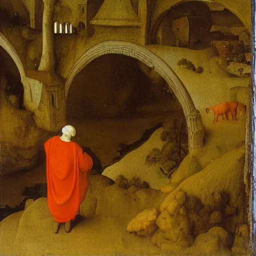 Prompt: water being in the river, medieval painting by Jan van Eyck, Johannes Vermeer