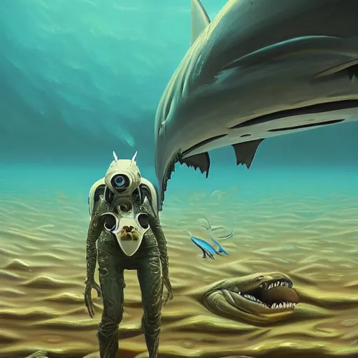 Image similar to beautiful painting of a white armored sharkman exploring the bottom of the ocean in the style of Simon Stålenhag and H. R. Giger, detailed, trending on Artstation