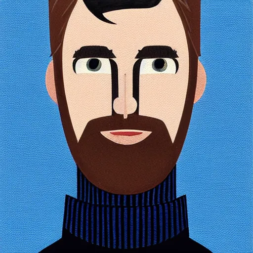 Prompt: gangly man with short dark blond wavy hair, dark blond beard, small chin, rectangular face, thin lips, English heritage, small blue eyes, middle aged, wearing a turtleneck and jacket, pale skin, narrow face, digital art, painterly, cartoon, cute, 8k, illustration, art by loish, painterly, trending on artstation, medium shot, uncropped