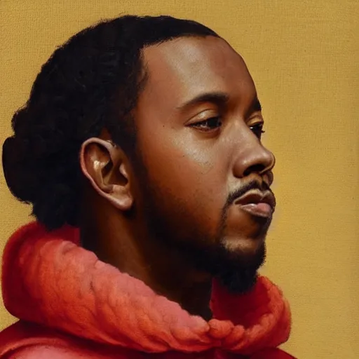 Image similar to a renaissance style portrait painting of kendrick lamar