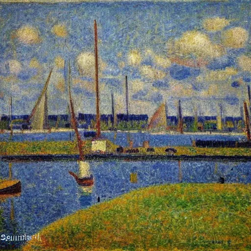 Image similar to vlaardingen harbor, oil painting by seurat, monet, modigliani, renoir