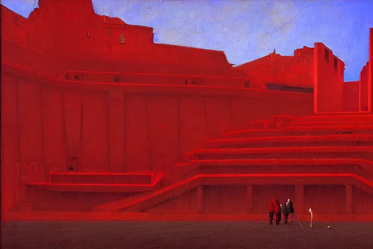 Image similar to only with red, a red melted emperor in an authoritarian position, taormina amphitheatre, crowd hails him, in the style of beksinski, parts by edward hopper, parts by rodcenko, parts by yue minjun, intricate and epic composition, red by caravaggio, insanely quality, highly detailed, masterpiece, red light, artstation, 4 k