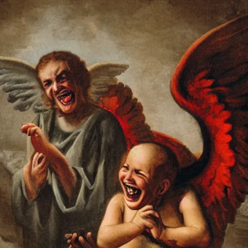Image similar to an angel laughing at a devils joke