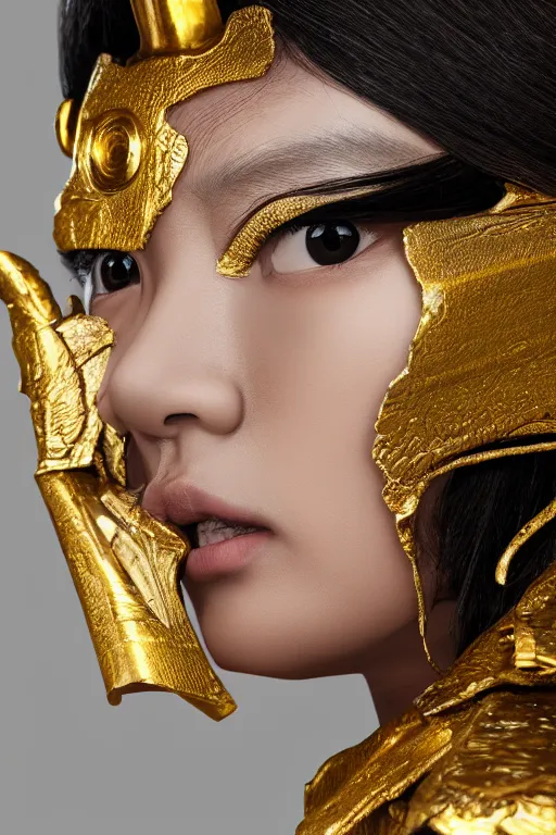 Prompt: realistic detailed painting of Asian woman, fair skin, big eyes, long black hair, no bangs, wearing sculpted textured golden armor, closes her eye, battle damage, intricate complexity, close-up of the front of the face, super sophisticated texture, resolute expression, back lighting, 4K resolution, symmetric, clear facial features, golden ratio, by Ruan Jia and Mandy Jurgens and William-Adolphe Bouguereau, Karol Bak, smooth, sharp focus, rich deep colors, Unreal Engine 5, digital render, intricate, ultra realistic, concept art,