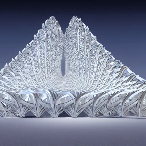 Image similar to fractal geometric pavilion architecture designed by zaha hadid, parametric, flow, generative design, artstation, unreal engine.