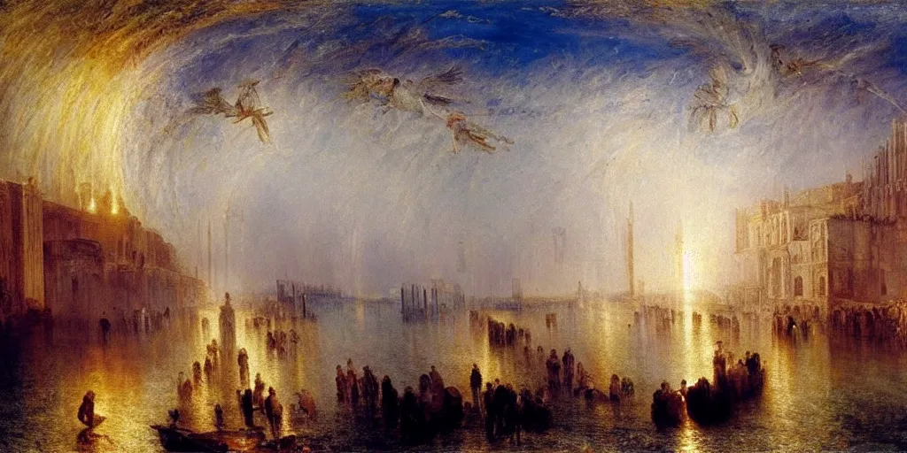 Prompt: The Port of Constantinople, ancient art, flock of birds, light of god, angelic light, classical art, in style of J.M.W. Turner