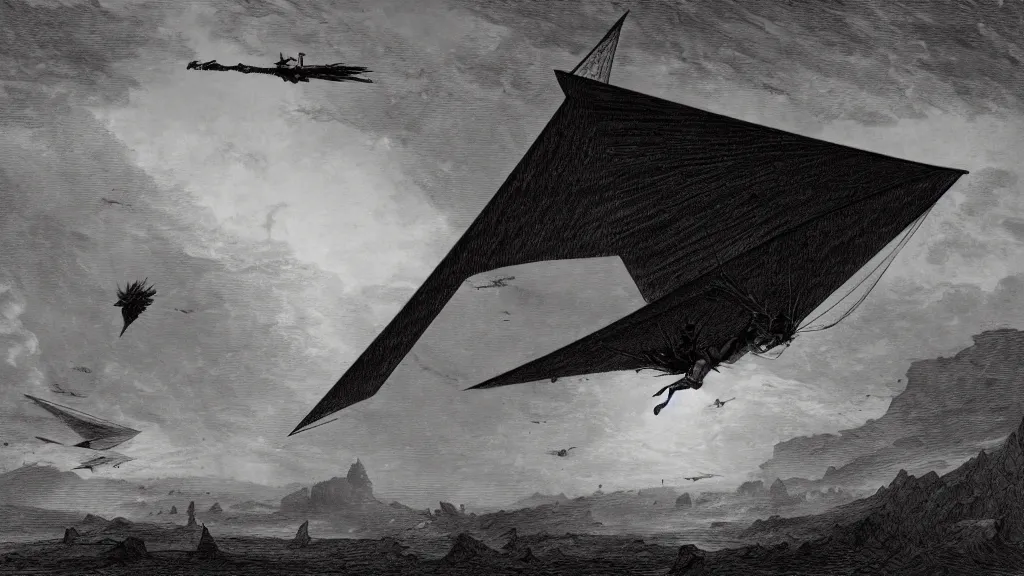 Image similar to drawing of an ornithopter flying toward a desert storm, by gustave dore, nineteenth century, black and white, vintage, science fiction, epic composition, dramatic lighting, highly detailed, cinematic