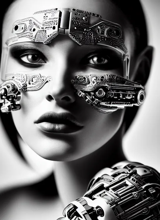 Image similar to a stunning young female cyborg profile face, face is made intricate tribal bio - mechanical, editorial photography, bw, shot on 7 0 mm, depth of field, f / 2. 8, high contrast, 1 6 k, rays of shimmering light, volumetric lighting, shiny, insanely detailed and intricate, hypermaximalist, elegant, ornate, hyper realistic, super detailed