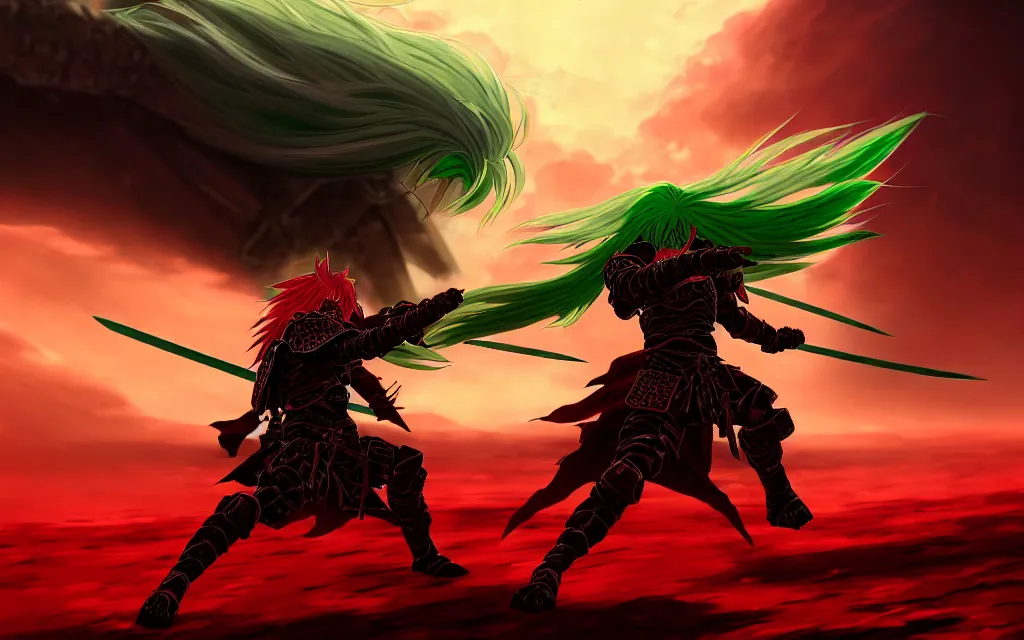 Prompt: a climactic anime battle scene between dark demons and a powerful jade green armoured warrior with long blonde hair on a desolate crimson plain by moebius, trending on artstation, digital art, 4 k resolution, detailed, high quality, sharp focus, hq artwork, insane detail, concept art, cinematic, volumetric lighting, dramatic lighting, epic light, cinematic aesthetic