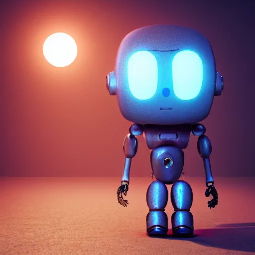 Image similar to portrait of a used lonely robot holding a balloon, identical eyes, gazing eyes, elegant pose, sci-fi, photorealistic, artstation, volumetric lighting, hyperdetailed, high resolution, vray render, sunrise, dof