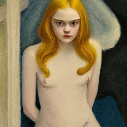 Image similar to Painting of Elle Fanning as a tarot card, long blonde hair, delicate, pale milky white porcelain skin, occult, by Edward Hopper. 8K. Extremely detailed.