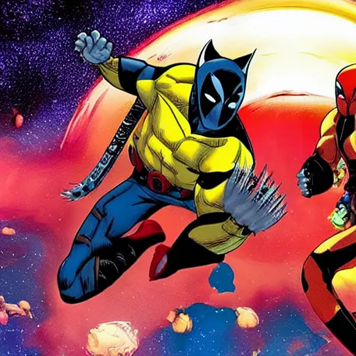Image similar to Wolverine and Deadpool playing a videogame on board of a spaceship flying in space with Earth on the background