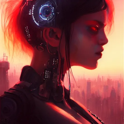 Image similar to portrait of a young beautiful cyberpunk woman, eye implants, black hair, sunset, neuromancer, cyberpunk city background, megacity, gorgeous view, depth, painted by seb mckinnon, high detail, digital art, painted by greg rutkowski, trending on artstation