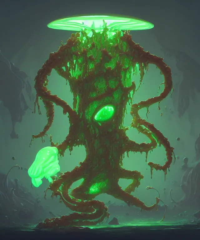 Image similar to an ooze slime creature made of bioluminescence, fantasy, elegant, crisp 8 k line work, emissive lighting, digital painting, artstation, unreal engine, octane render, concept art, matte, sharp focus, illustration, art by james jean and justin gerard and josan gonzalez