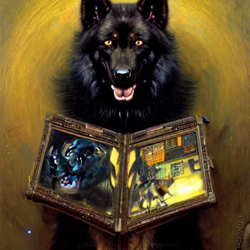 Image similar to a portrait of a black german shepard dogman canine viking with human eyes smiling holding computer console. shadowrun cyberpunk fantasy d & d highly detailed painting by gaston bussiere craig mullins jc leyendecker gustav klimt artgerm greg rutkowski