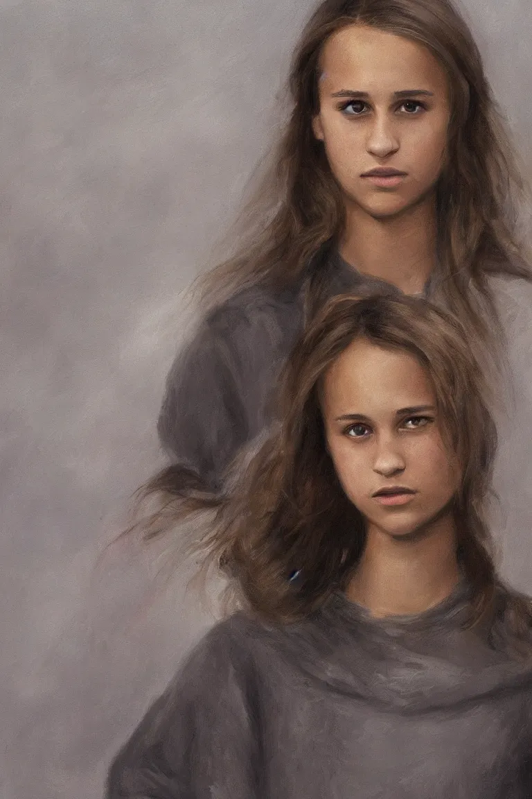 Image similar to portrait of teenage Alicia Vikander in a big old oversized sweatshirt. pollutionpunk, oil on canvas by William Turner, oil on canvas, trending on artstation