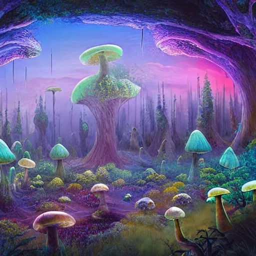 Prompt: dreamy landscape dominated by mushrooms connected by a vast mycelial network, otherworldly, beautiful, magical