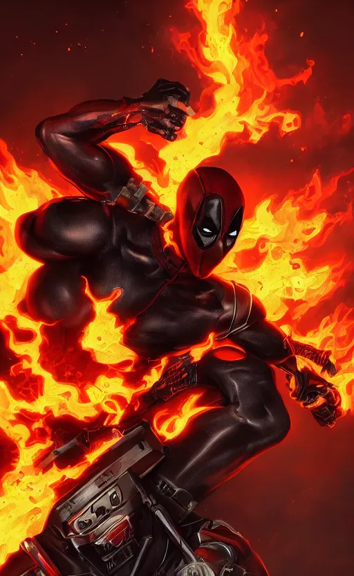 Image similar to deadpool as ghost rider, dynamic lighting, photorealistic fantasy concept art, trending on art station, stunning visuals, terrifying, creative, cinematic