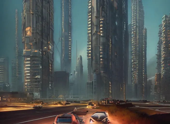 Image similar to 5 cars driving down a street in the city of Eindhoven next to tall buildings the night at 8:00 am, cyberpunk art by Chesley Bonestell, cgsociety, retrofuturism, matte painting, reimagined by industrial light and magic