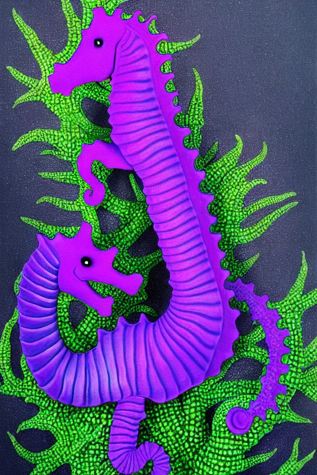 Image similar to a portrait of a purple seahorse statue on a cobblestone platform lush with various plants, black paper, beautiful intricate painting by kokaris