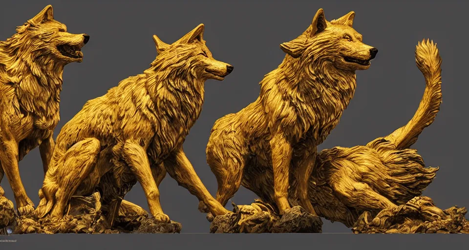 Prompt: wolves and their treasures - golden sculptures - dramatic lighting, trending on artstation, highly detailed render by studio ghibli