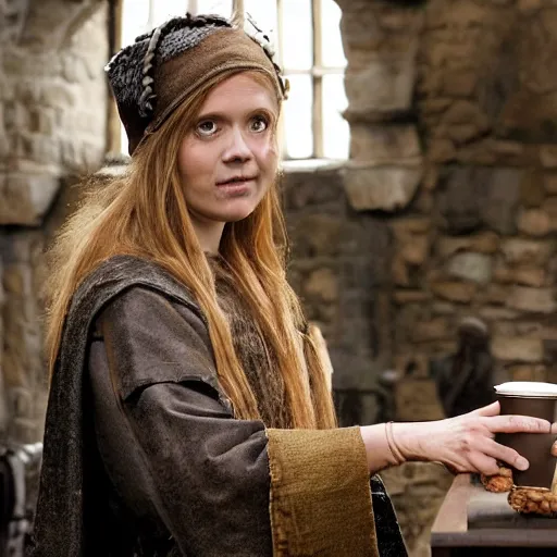 Prompt: scene from a 2 0 1 0 film set in medieval scandinavia showing a woman with a takeaway coffee