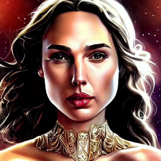 Image similar to Full body potrait of Gal Gadot as an angel, fantasy, intricate, elegant, highly detailed, digital painting, smooth, sharp focus, illustration