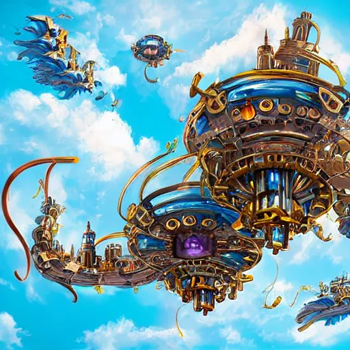 Prompt: flying city in a mechanical flower, sky, fantasy art