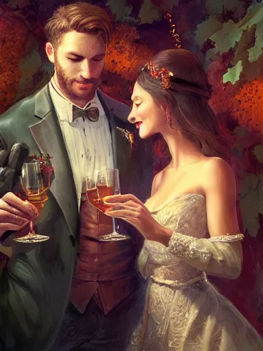 Prompt: a happy couple in a party with friends under the grapevine. celebration excitement intricate, elegant, highly detailed, digital painting, artstation, concept art, sharp focus, illustration, by justin gerard and artgerm, 8 k