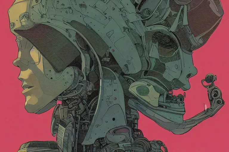 Prompt: gigantic robot - girl head floating in the space, a lot of exotic plants, trees, flowers, oldschool vintage sci - fi flat surreal grainy design, super - detailed, drawing by moebius, hd, 4 k, high quality