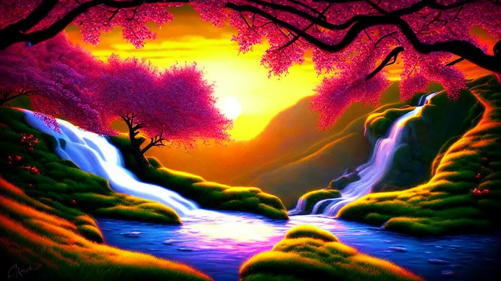 Image similar to featured on artstation cherry tree overlooking valley waterfall sunset beautiful image stylized digital art