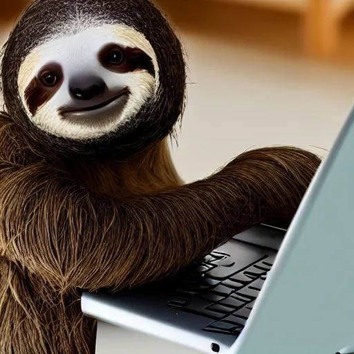 Image similar to photo of a cute sloth typing on a computer ando wearing a wool hat