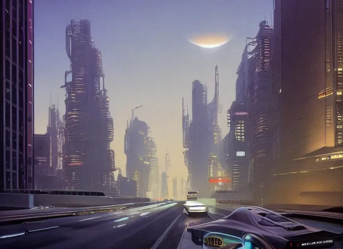 Prompt: a car driving down a street next to tall buildings the night at 10 pm, cyberpunk art by Chesley Bonestell, cgsociety, retrofuturism, matte painting, reimagined by industrial light and magic