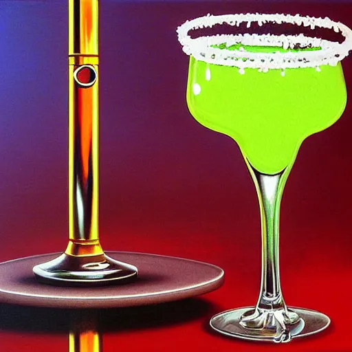 Prompt: a margarita glass and lollipop on a table, surreal, art by peter lloyd, 1 9 8 0's art, airbrush style, art by hajime sorayama,, intricate, elegant, sharp focus, illustration, highly detailed, h 8 0 0