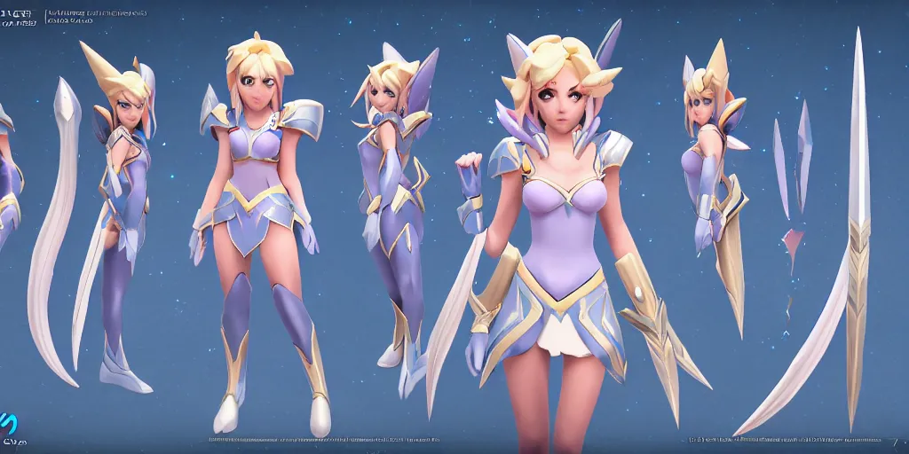 Image similar to character sheet of Star Guardian Ashe (League of Legends). Ashe is an archer. 3d render, unreal engine 5, 8k resolution, trending on artstation