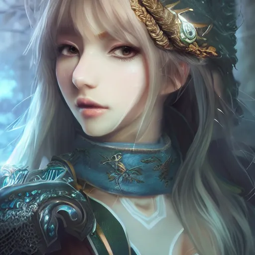 Image similar to character design, beautifull female ranger, delicate and lovely face, fantasy style clothing, anime key visual, official media, illustrated by wlop, extremely detailed, 8 k, trending on artstation, cinematic lighting, beautiful, mist, photorealistic, octane render, unreal engine, hyper detailed, volumetric lighting