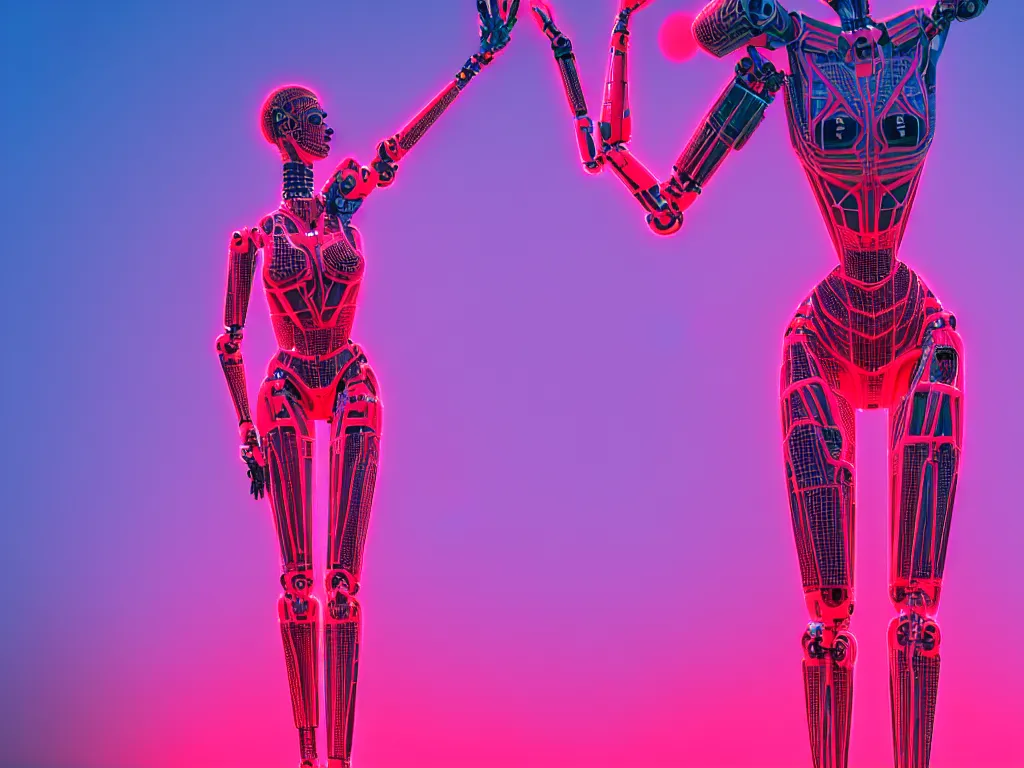 Image similar to beautiful tall female robot printed with red and black 3 d geometrical neon facing a doorway opening with neon pink geometric fractal light + a portal to a vaporwave world, flowering pineapples, transcendent, clean linework, dramatic, finely detailed, 4 k, trending on artstation, photorealistic, volumetric lighting, octane render